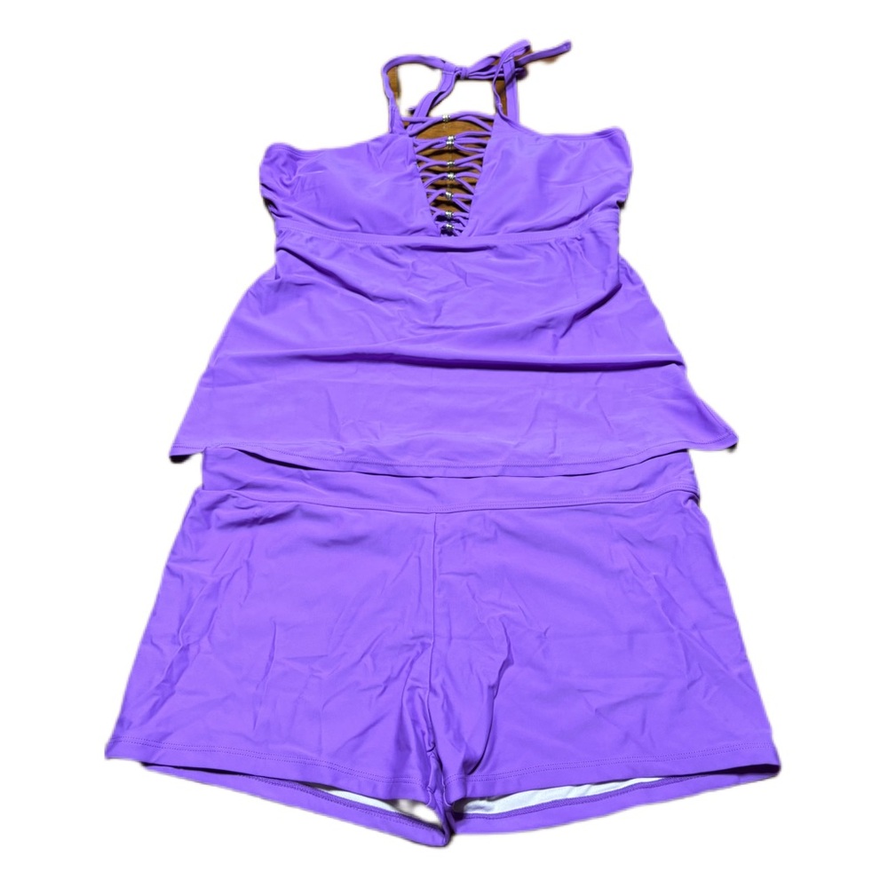 NWT Zesica Violet Beaded Cut Out Tankini Boy Short Set, Size Medium